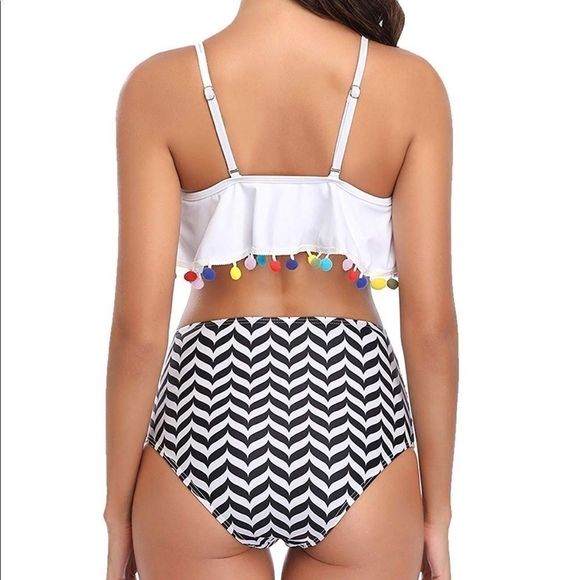 NWT High Waisted Bikini Pom Pom Flounce Top - Picture 2 of 8